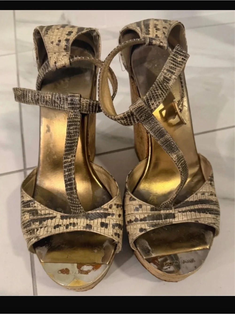 Jimmy Choo Cork Wedge Sandals with Neutral Snakeskin Print